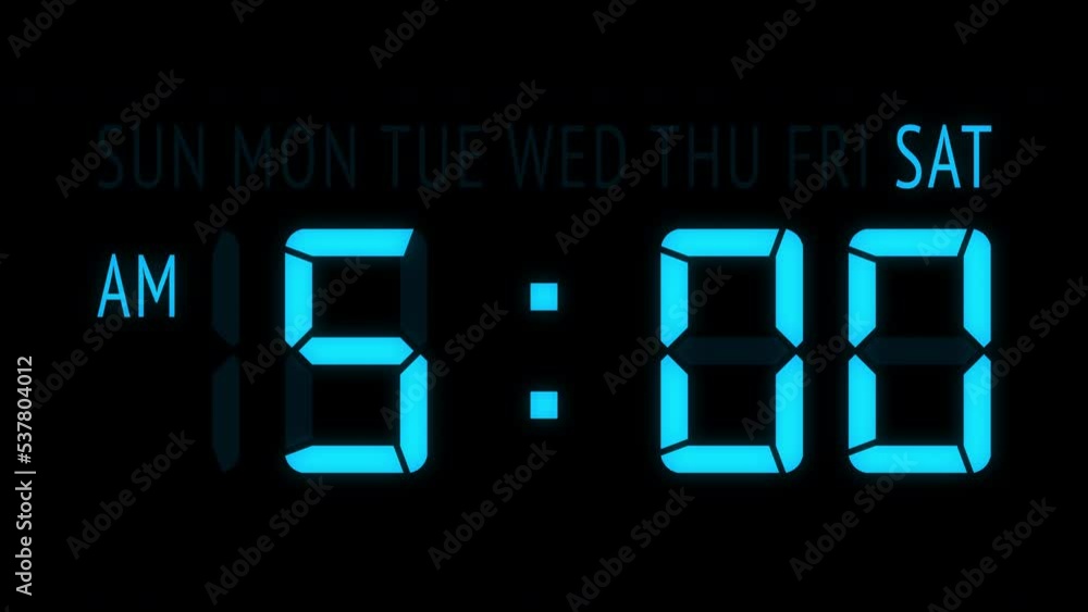 Loopable: Blue LED digital clock displays the current time at Saturday in 12-hours AM/PM format updating 1 minute per frame. Animated digits on black background. Loopable: Blue LED digital clock displays the current time at Saturday in 12-hours AM/PM format updating 1 minute per frame. Animated digits on black background.