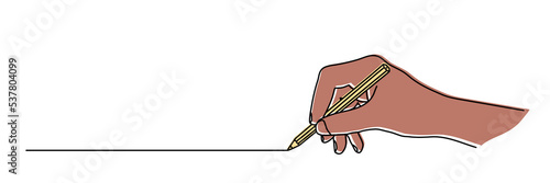 Hand holding a pencil and drawing a line, isolated on white background