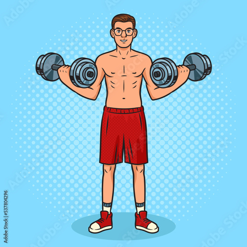 thin skeleton man with dumbbells in the gym pinup pop art retro vector illustration. Comic book style imitation.