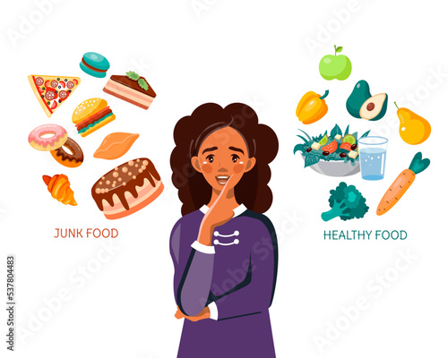 A young African American woman chooses between healthy and unhealthy food, fast food and a balanced menu. Vector illustration in cartoon style