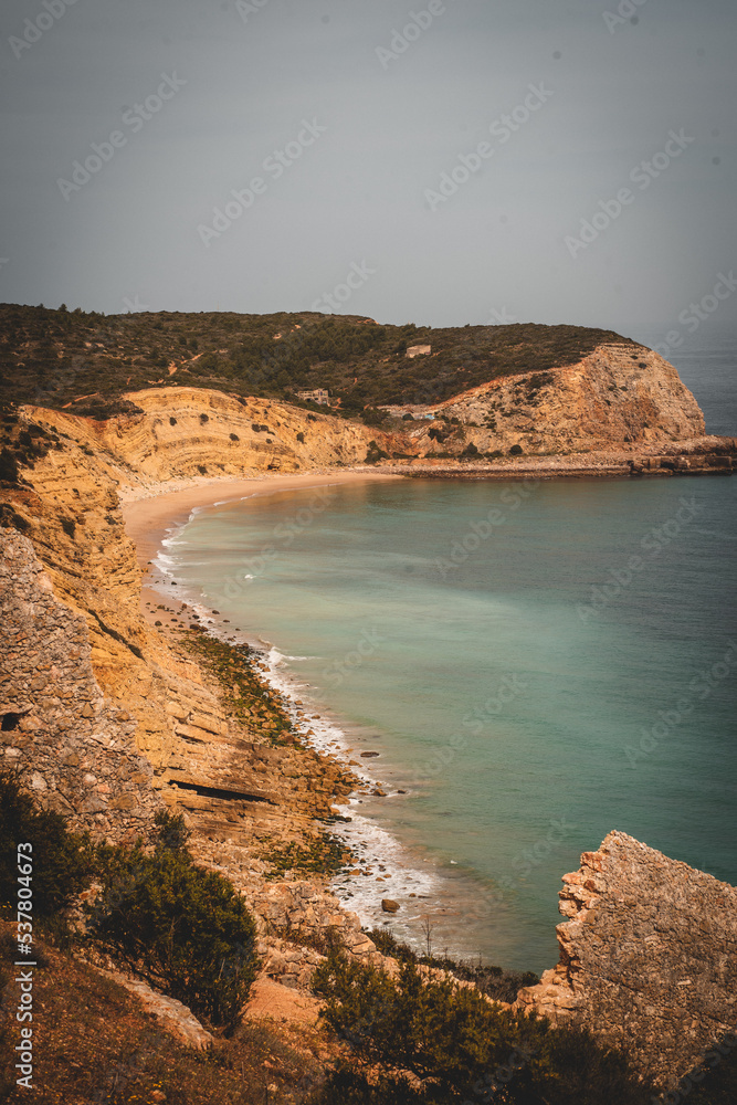 Coastal landscape with sea, rocks, beaches and horizon
