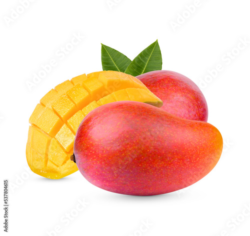 Mango fruit and sliced with leaves isolated on transparent background. (.PNG)