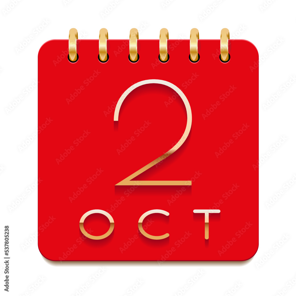 2 day of the month. October. Luxury calendar daily icon. Date day week Sunday, Monday, Tuesday, Wednesday, Thursday, Friday, Saturday. Gold text. Red paper. Vector illustration. 2 day of the month. October. Luxury calendar daily icon. Date day week Sunday, Monday, Tuesday, Wednesday, Thursday, Friday, Saturday. Gold text. Red paper. Vector illustration.