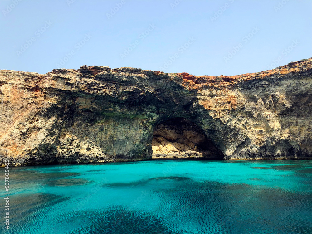 Stunning Maltese seascape with turquoise waters of the Blue lagoon on Comino island. Beautiful Malta scenery with nobody. Best of Malta 