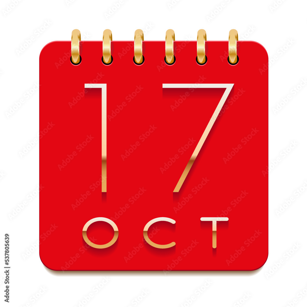 17 day of the month. October. Luxury calendar daily icon. Date day week Sunday, Monday, Tuesday, Wednesday, Thursday, Friday, Saturday. Gold text. Red paper. Vector illustration. 17 day of the month. October. Luxury calendar daily icon. Date day week Sunday, Monday, Tuesday, Wednesday, Thursday, Friday, Saturday. Gold text. Red paper. Vector illustration.