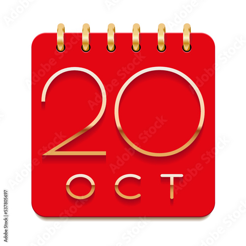 20 day of the month. October. Luxury calendar daily icon. Date day week Sunday, Monday, Tuesday, Wednesday, Thursday, Friday, Saturday. Gold text. Red paper. Vector illustration.