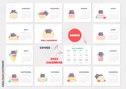 Calendar 2023 template with cute cats. Monthly calendar with black kittens and strawberry desserts. Bonus - 2024 calendar. Vector illustration 10 EPS.
 photo