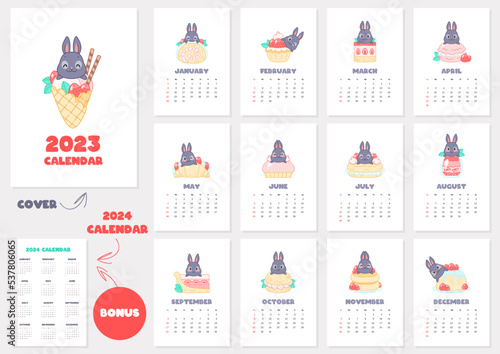 Calendar 2023 template with cute bunnies. Monthly calendar with little black rabbits and strawberry desserts. Bonus - 2024 calendar. Vector illustration 10 EPS.  photo