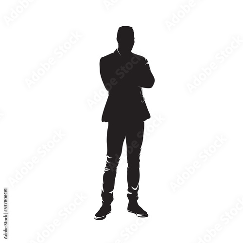 Business man standing with folded arms, isolated vector silhouette, front view