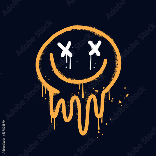 Urban graffiti sign of smiling eyes and mouth emoji stylized as paint running down or simulating melting. Stray textured vandal street art. Vector sprayed illustration.