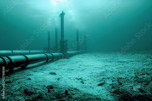 3d Rendering of underwater plumbing concept, metal pipes under the sea for transporting gas and pipeline photo