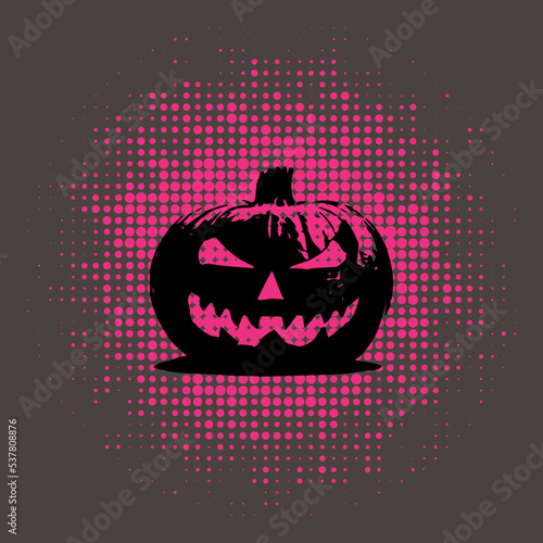 Happy Halloween, horror and scary black pumpkin with pink background, vector illustration