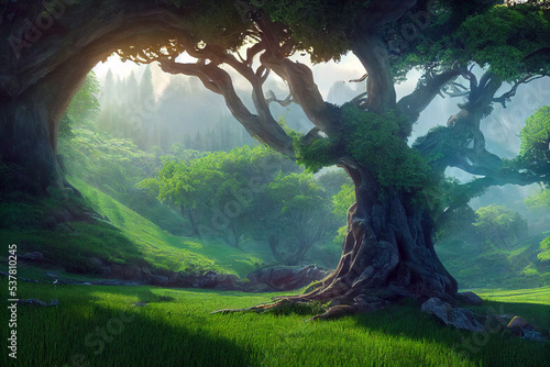 Fantasy a giant green tree on the mountain, digital art painting. 3D illustration photo