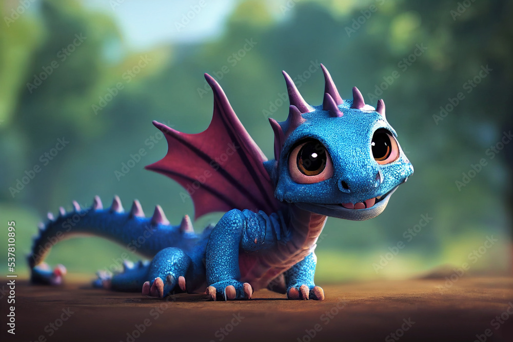 Super cute blue little baby dragon standing in the peaceful forest. CG artwork concept. 3D rendering