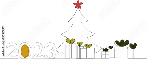 gifts tree drawing in one continuous line, vector