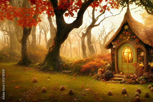Fantasy small fairy house on the autumn forest. Digital painting artwork design. 3D illustration
