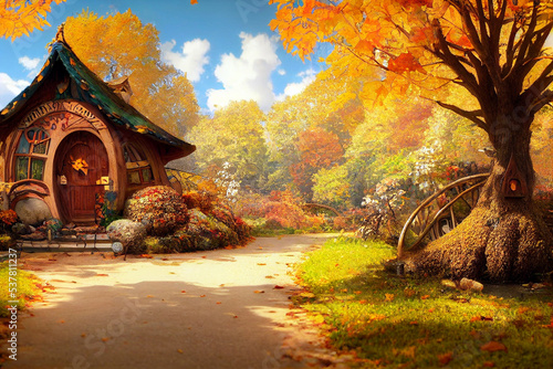 Fantasy fairy house on the autumn forest with blue sky. Digital painting artwork design. 3D illustration