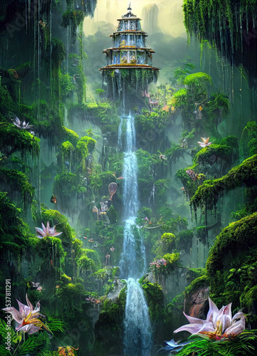 Fantasy hydro temple of water lush magical dream. CG artwork design. 3D illustration