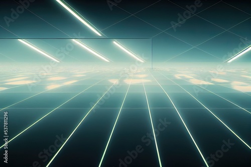 Elegant futuristic light and reflection with grid line background. 3D rendering.