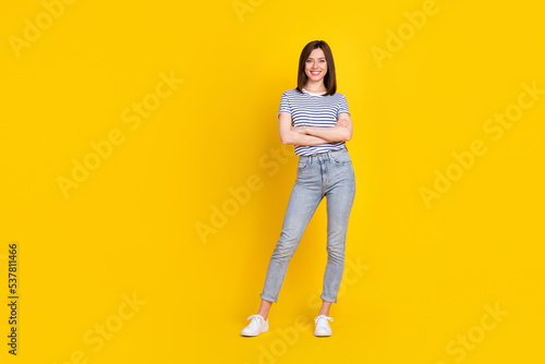 Photo of good looking lady arm folded dressed fashionable clothes outfit stand empty space isolated on yellow color background