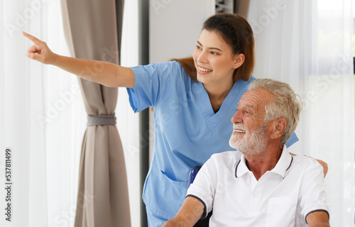 A nursing nurse with a Caucasian senior man in a wheelchair looking out the window.