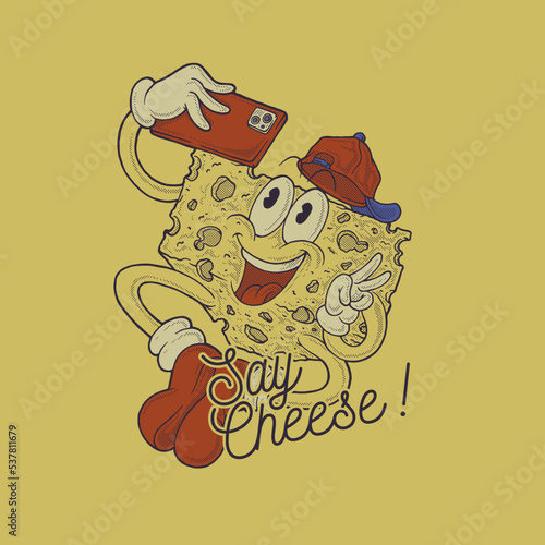 Cartoon emblem of cheese mascot doing selfie with retro style