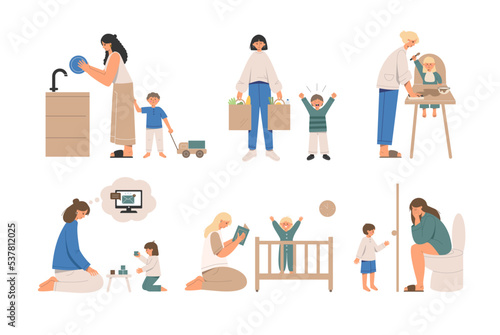 Problems of motherhood set. Collection with sad moms and naughty children. 