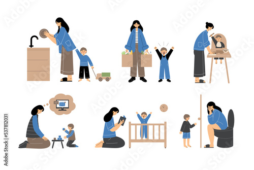 Problems of motherhood set. Collection with sad moms and naughty children. 