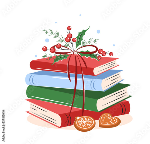 Books with winter leaves and cookies on white background. Design element for bookstore, festival or advertisement. Vector illustration for New Year and Christmas background 