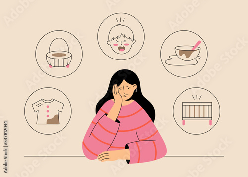 Motherhood problems concept. Young mom is tired of routine and babysitting. 