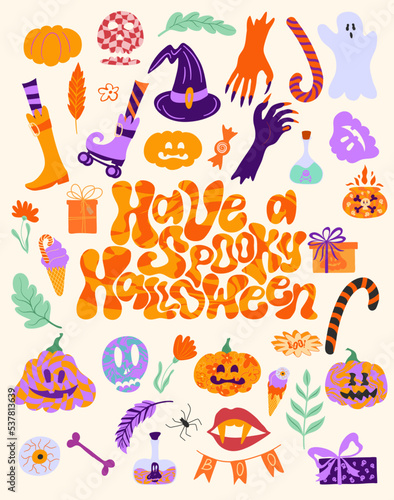 Vector set of Halloween party invitations or greeting cards with handwritten calligraphy and traditional symbols. Vector illustration