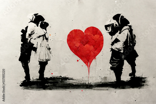 Fotografiet Urban graffiti ink stencil artwork graphic featuring people standing around a red heart