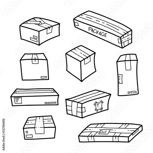 doodle hand drawing package parcel box set outline illustration