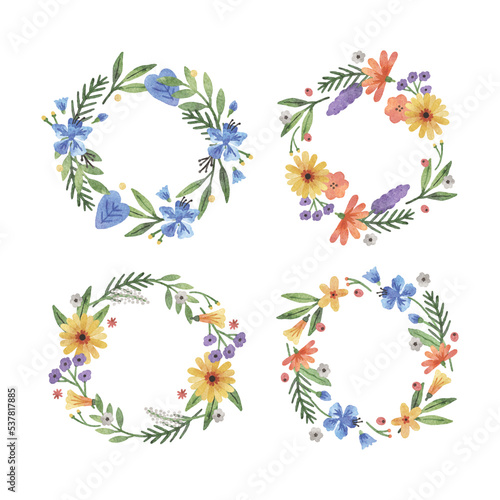 Set of hand drawn watercolor floral frame wreath