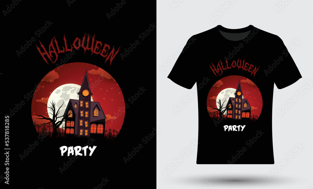 Halloween Party t-shirt illustration with Colorful moon night background design 