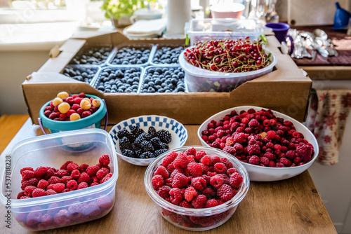 Ripe berries raspberries, blackberries, blueberries and red currants