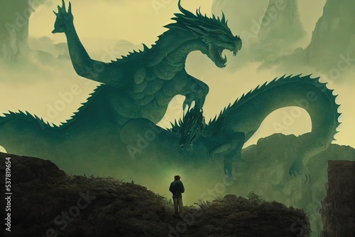 scene of the wizard reaching hand out to his dragon standing on the rock  digital art style  illustration painting