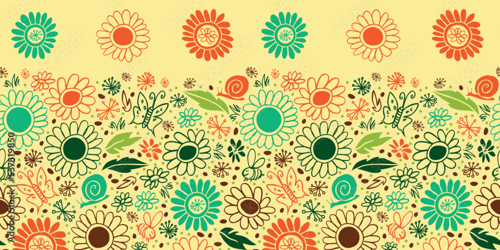 Vector doodle happy daisy yellow pen scribbles horizontal border pattern. Suitable for greeting cards. Vector doodle happy daisy yellow pen scribbles horizontal border pattern. Suitable for greeting cards.