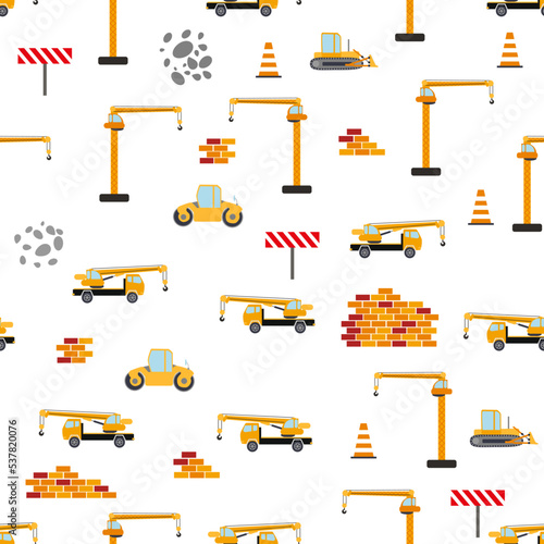 Cute childish seamless pattern with yellow car dump truck, crane, concrete mixer. Construction site illustration in cartoon style