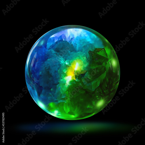Green and blue glass globe with crystals. Abstract crystal ball, Magic and psychic power. Mysterious magical orb. Isolated on black background. Render