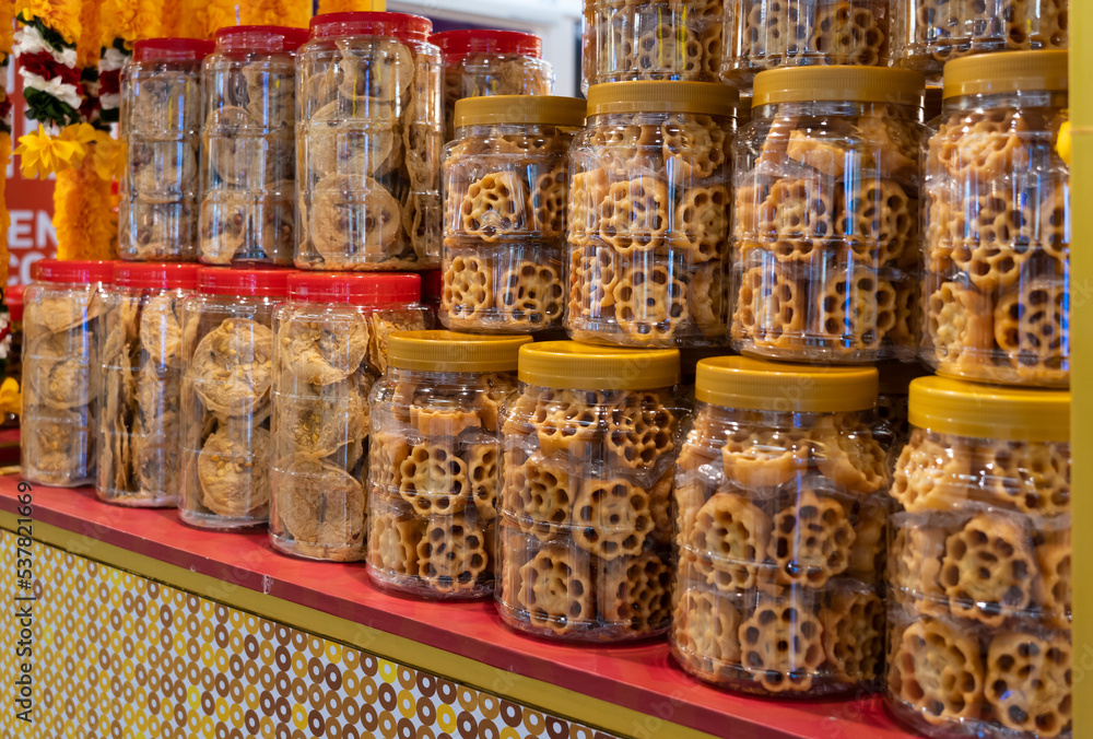 Close-up view of the honeycomb cookies and crispy peanut crackers selling at the booth.
