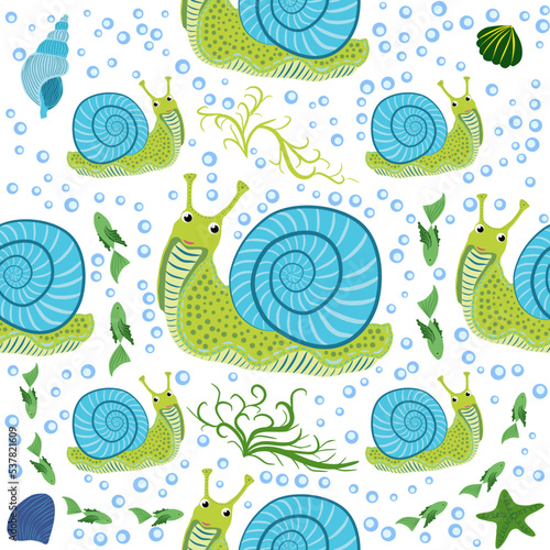 Snail, sea inhabitants seamless pattern, beautiful character among seashells, seaweed, starfish, sea animals of wildlife