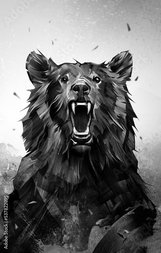 painted portrait of an animal bear furious in monochrome