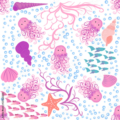 Seamless pattern with detailed transparent jellyfish. Childish seamless pattern with cute hand drawn fishes and jellyfishes in doodle style. Trendy nursery background