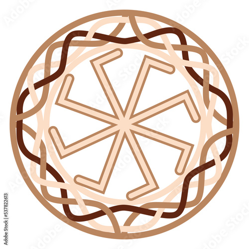 Ladinets, female Kolovrat. a Slavic symbol decorated with Scandinavian weaving ornaments. Beige trendy