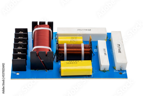 Two-way crossover network, Audio frequency separation electronics for speakers, clipping path isolated on white background.