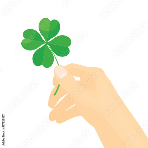 hand holds four leaf clover, symbol of good luck- vector illustration
