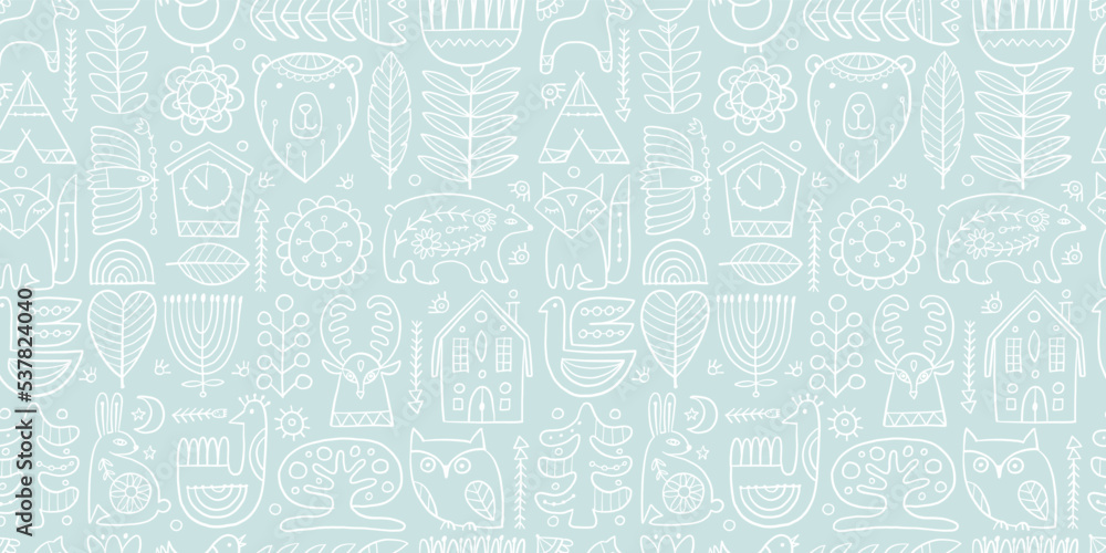 Nordic Ornament. Forest Animals, Folk Background. Seamless pattern for your design