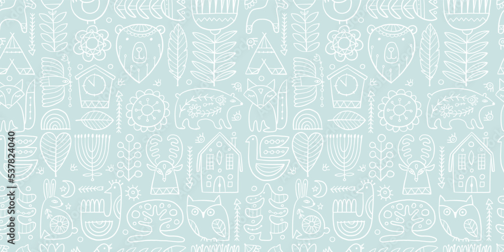 Nordic Ornament. Forest Animals, Folk Background. Seamless pattern for your design Nordic Ornament. Forest Animals, Folk Background. Seamless pattern for your design