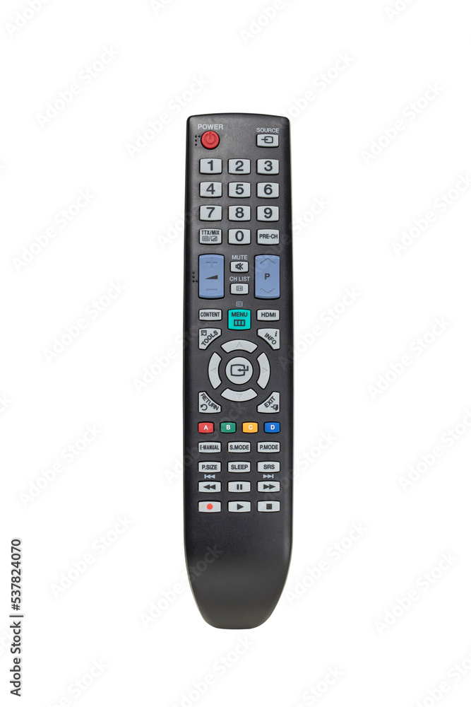 Back view of black remote control for TV with clipping path on a white background Back view of black remote control for TV with clipping path on a white background